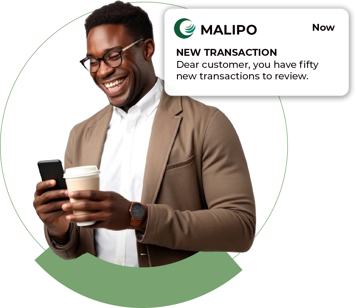 Man smiling while reviewing transaction amounts on Malipo platform