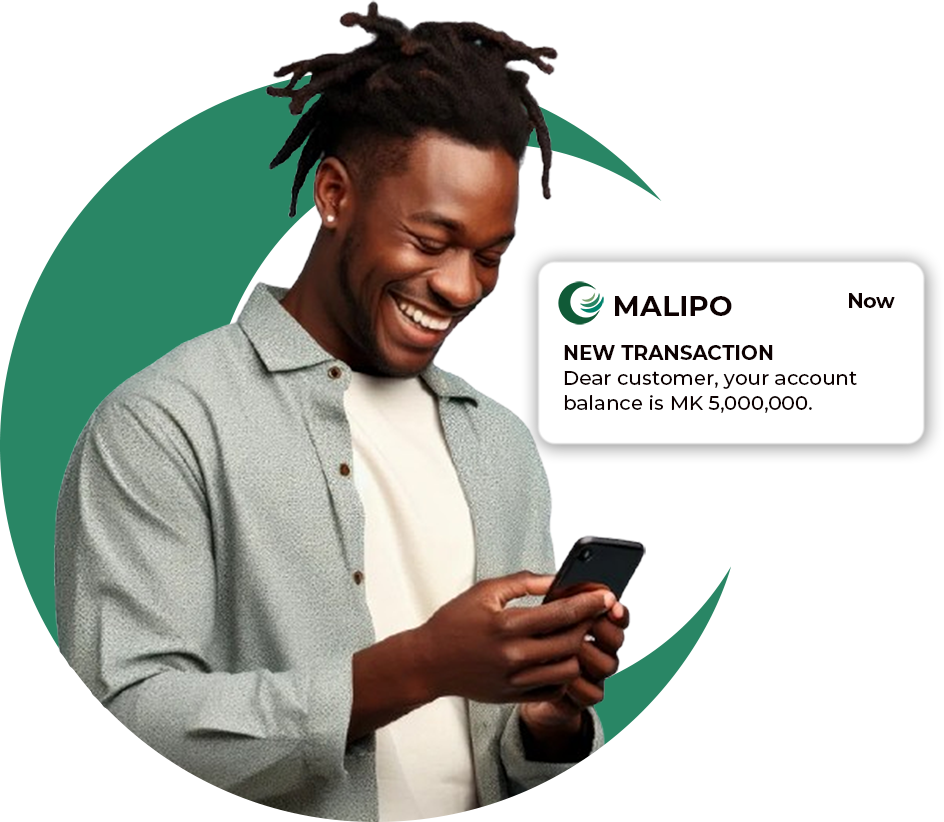 Man smiling while checking account balance using Malipo payment platform